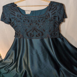 Vintage Stenay Silk Green Heavily Beaded Evening Dress. Bodice: Silk; Skirt:Poly